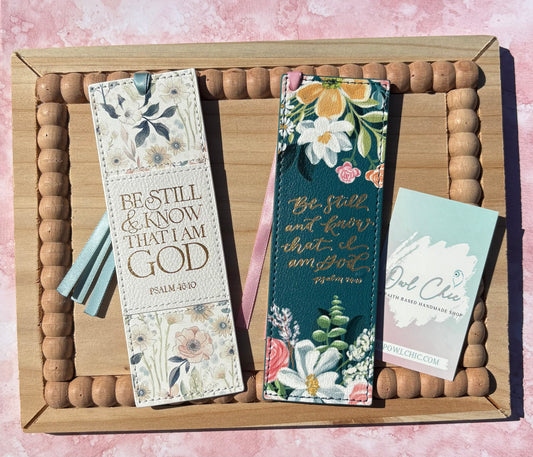 Be Still and Know That I Am God Bookmark | Psalm 46:10 Faux Leather Bookmark | Teal & Cream Floral Christian Gift for Women