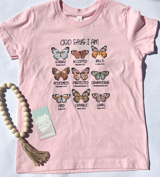 God Says I Am Toddler Tee | Christian Kids Butterfly Scripture Shirt