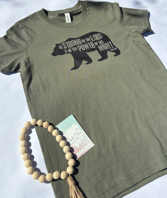 Be Strong in the Lord Youth Tee | Ephesians 6:10 Christian Bear Shirt