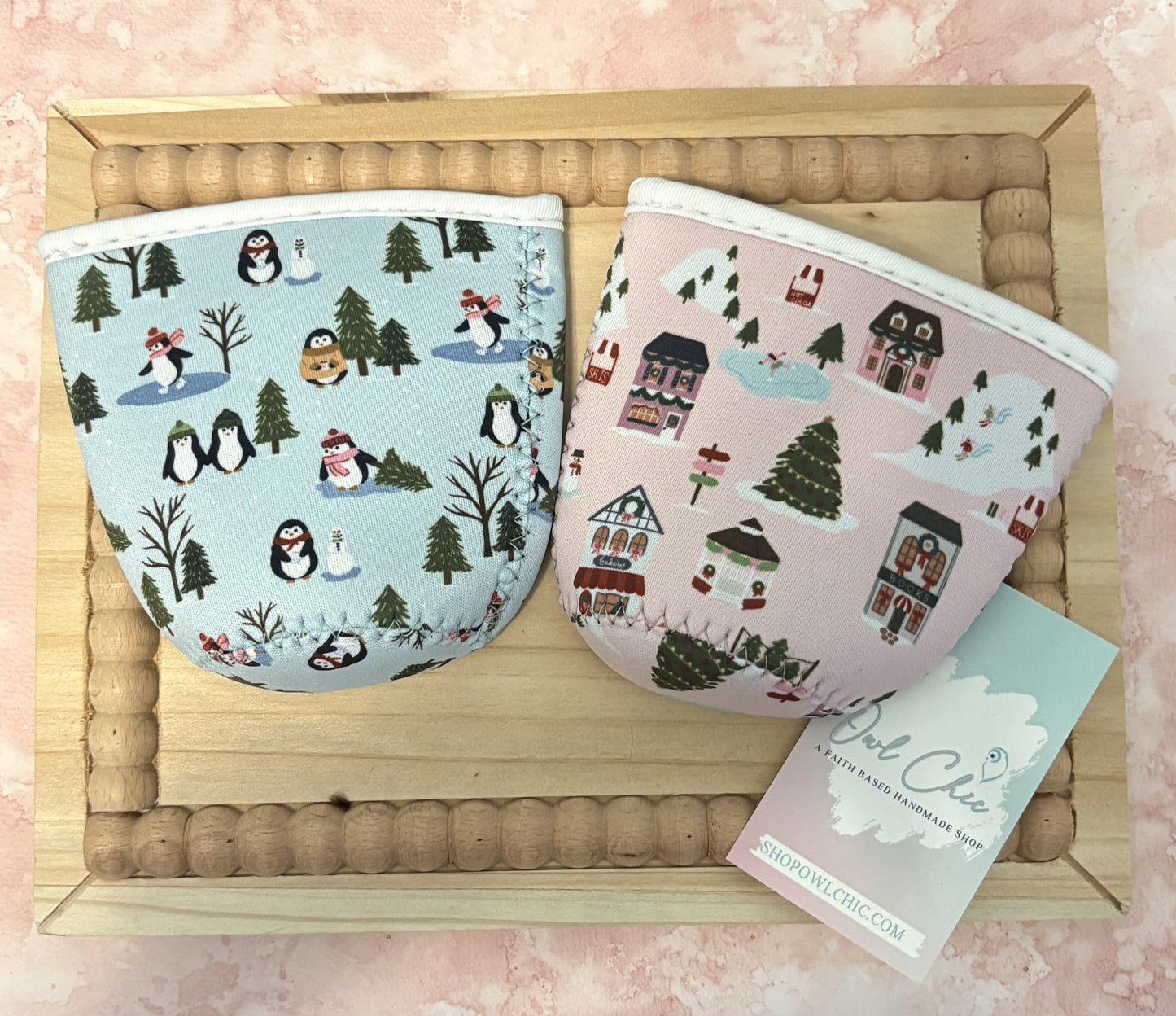 Holiday Reusable Coffee Sleeve | Christmas Village & Penguins Skating Designs | Hot & Iced Drink Holder