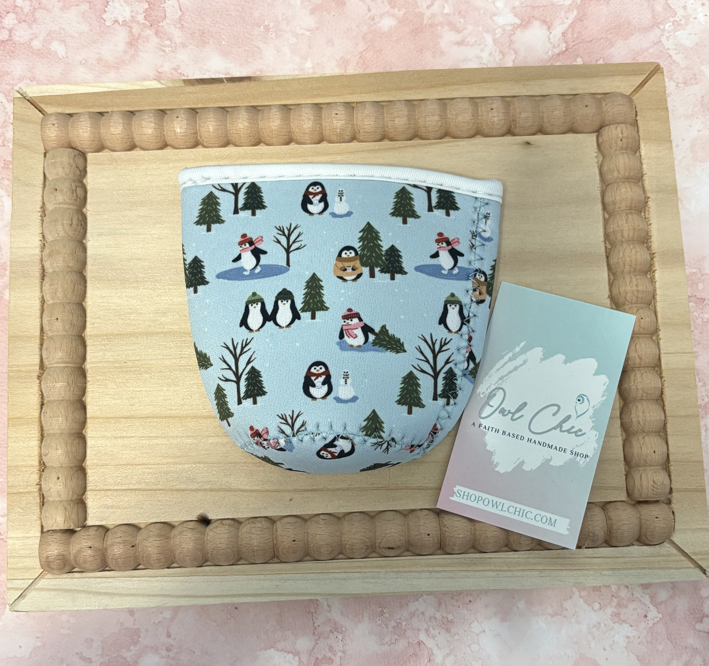 Holiday Reusable Coffee Sleeve | Christmas Village & Penguins Skating Designs | Hot & Iced Drink Holder