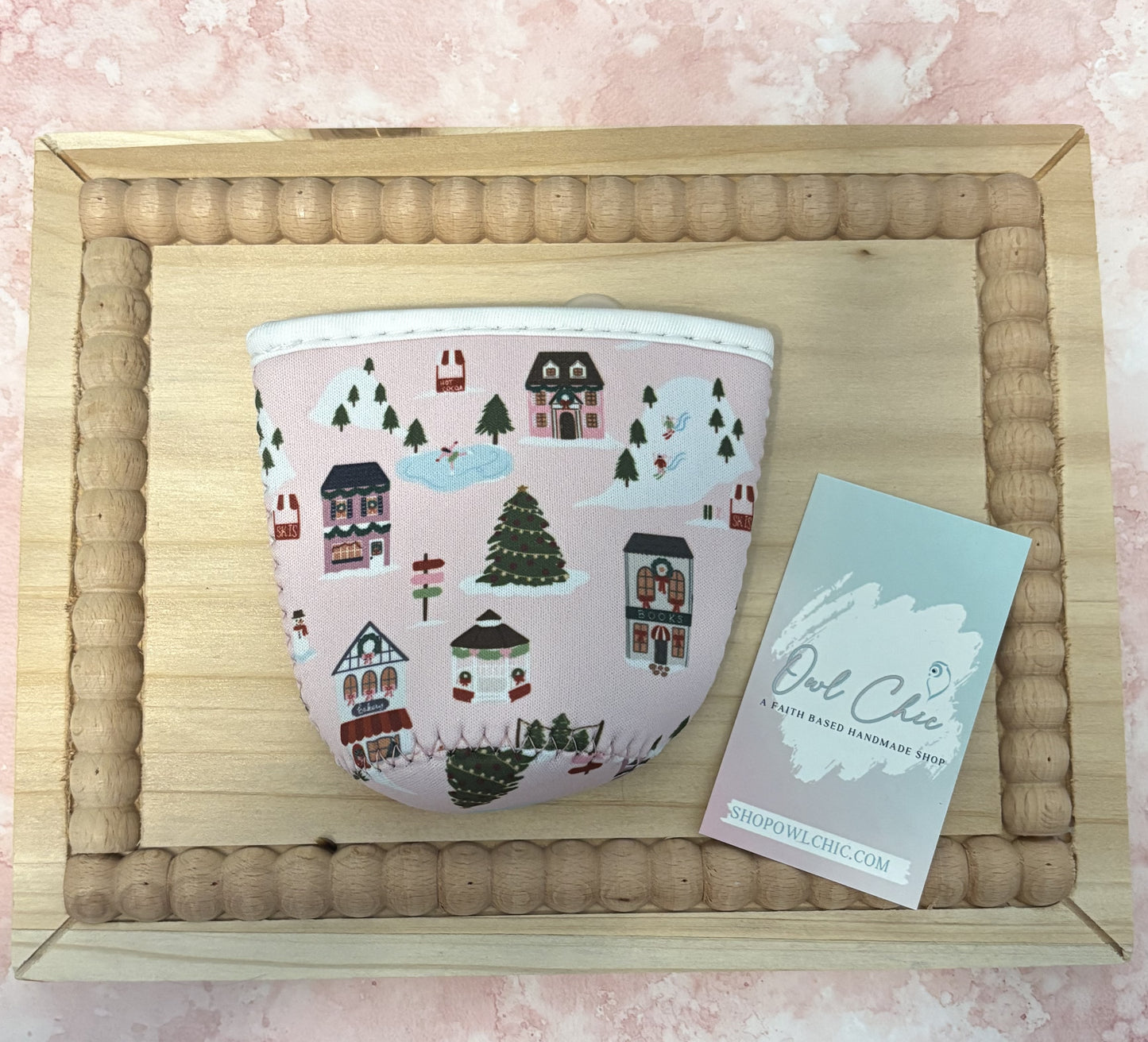 Holiday Reusable Coffee Sleeve | Christmas Village & Penguins Skating Designs | Hot & Iced Drink Holder