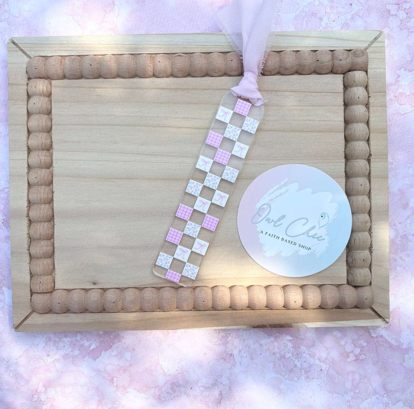 Pink Coquette Checkered Acrylic Bookmark | Cute Girly Bow Aesthetic Bookish Gift