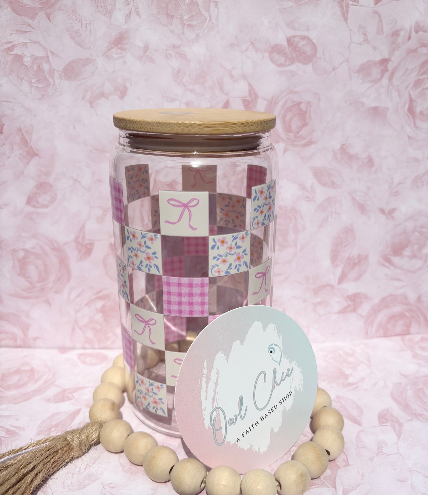 Pink Coquette Checkered 16 oz Glass Cup | Bamboo Lid & Straw