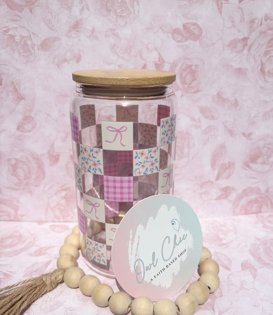 Pink Coquette Checkered 16 oz Glass Cup | Bamboo Lid & Straw