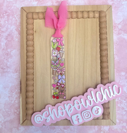 Teddy Bear & Pink Book Lover Acrylic Bookmark | Bows, Butterflies & Hearts