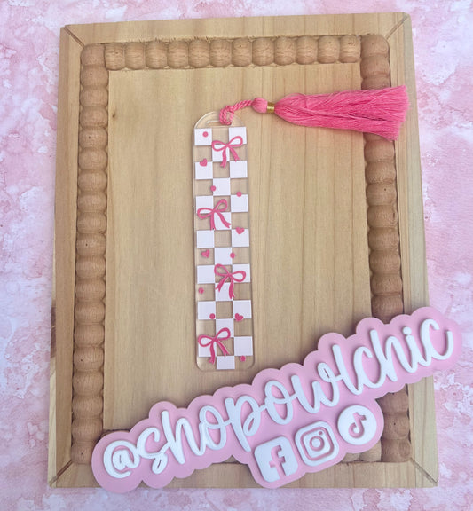 Pink Ribbon Bows Acrylic Bookmark | Checkered Heart Book Lover Gift