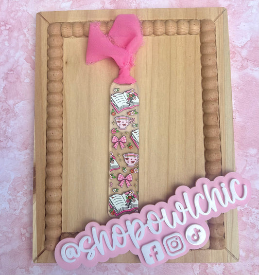 Pink Books & Tea Acrylic Bookmark | Coquette Bow Book Lover Gift
