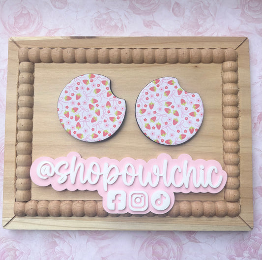 Strawberry Coquette Bows Car Coasters, Set of 2