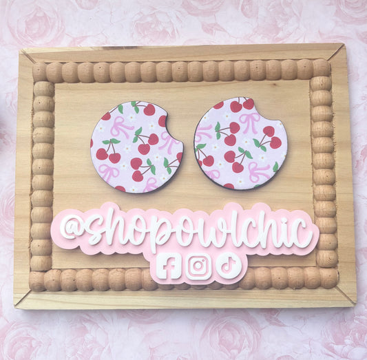 Cherries and bows car coasters set of 2 made from absorbent neoprene