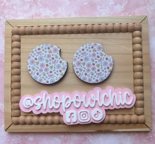Small Flowers, Bows, & Strawberries Car Coasters, Set of 2
