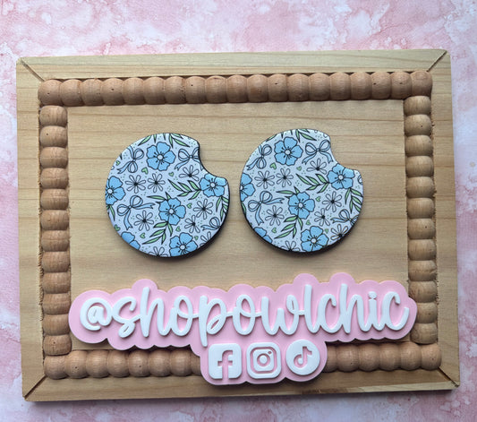Blue Flowers, White Daisies & Bows Car Coasters, Set of 2