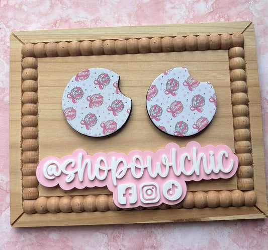 Disco Ball Bow Coquette Print Car Coasters, Set of 2