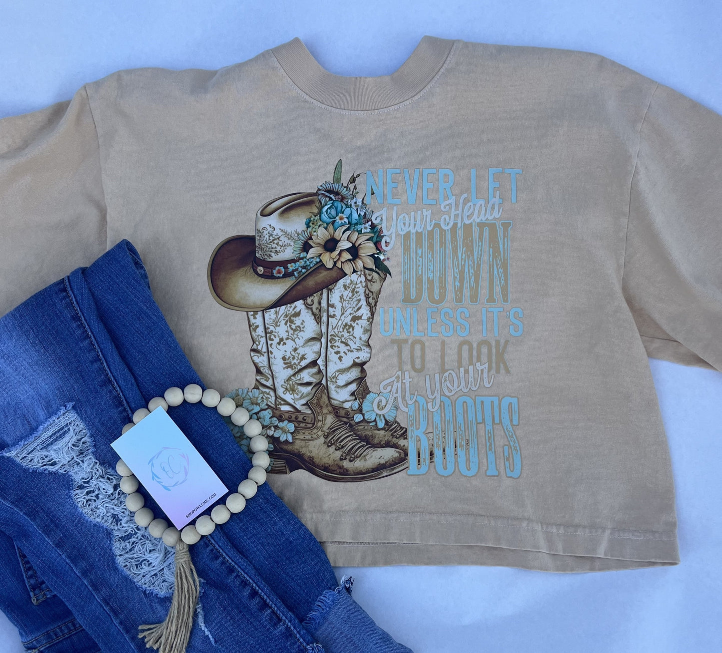 Never Let Your Head Down Unless It's to Look at Your Boots Tee | Western Style Oversized Crop Tee | Comfortable, Trendy Western-Inspired T-Shirt