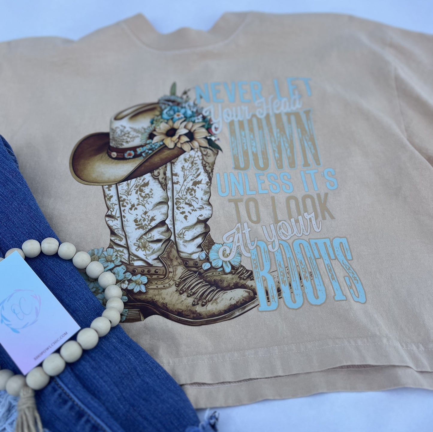 Never Let Your Head Down Unless It's to Look at Your Boots Tee | Western Style Oversized Crop Tee | Comfortable, Trendy Western-Inspired T-Shirt