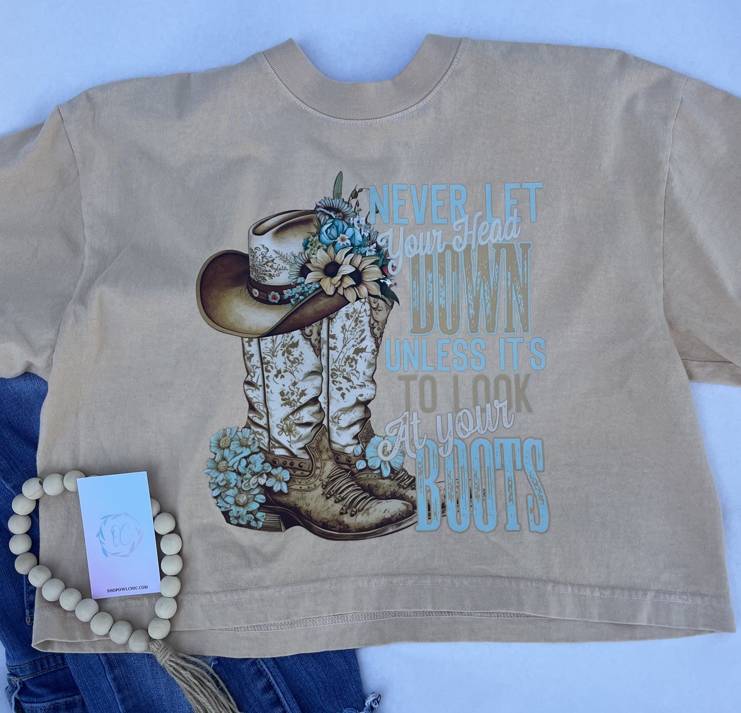 Never Let Your Head Down Unless It's to Look at Your Boots Tee | Western Style Oversized Crop Tee | Comfortable, Trendy Western-Inspired T-Shirt