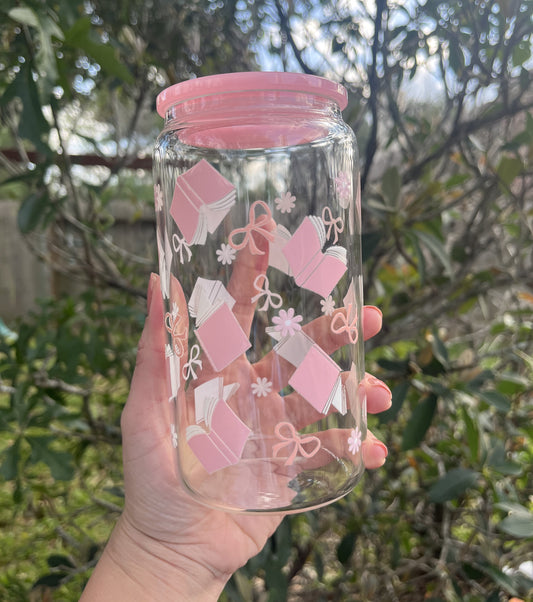 Coquette Pink Bows & Pink Book 18 oz. Glass Cup | Plastic Lid and Glass Straw