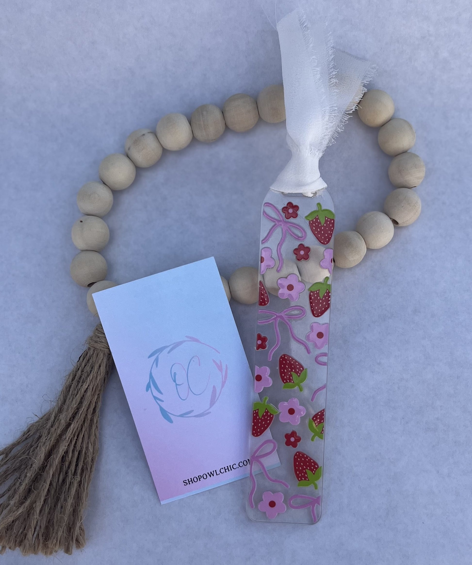 Coquette pink strawberries and flowers design on acrylic bookmark