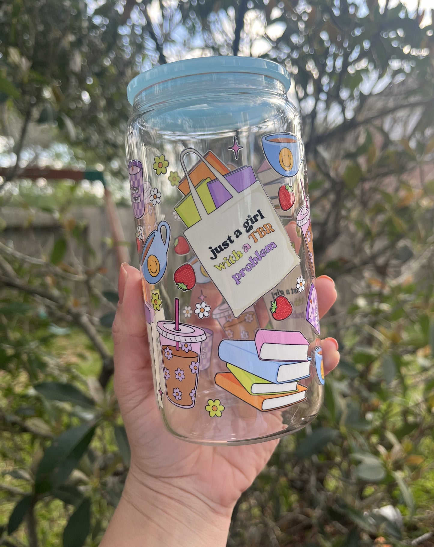 Just a Girl with a TBR Problem Clear 18 oz. Glass Cup | Includes Plastic Lid and Glass Straw