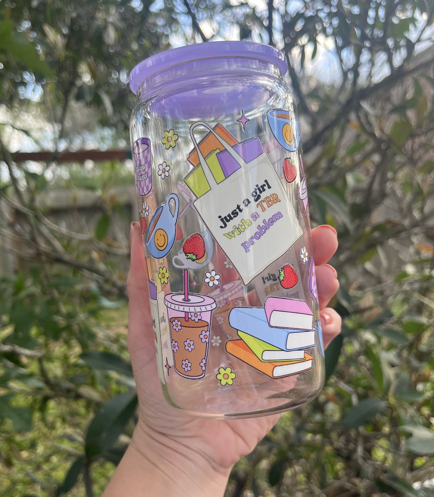 Just a Girl with a TBR Problem Clear 18 oz. Glass Cup | Includes Plastic Lid and Glass Straw