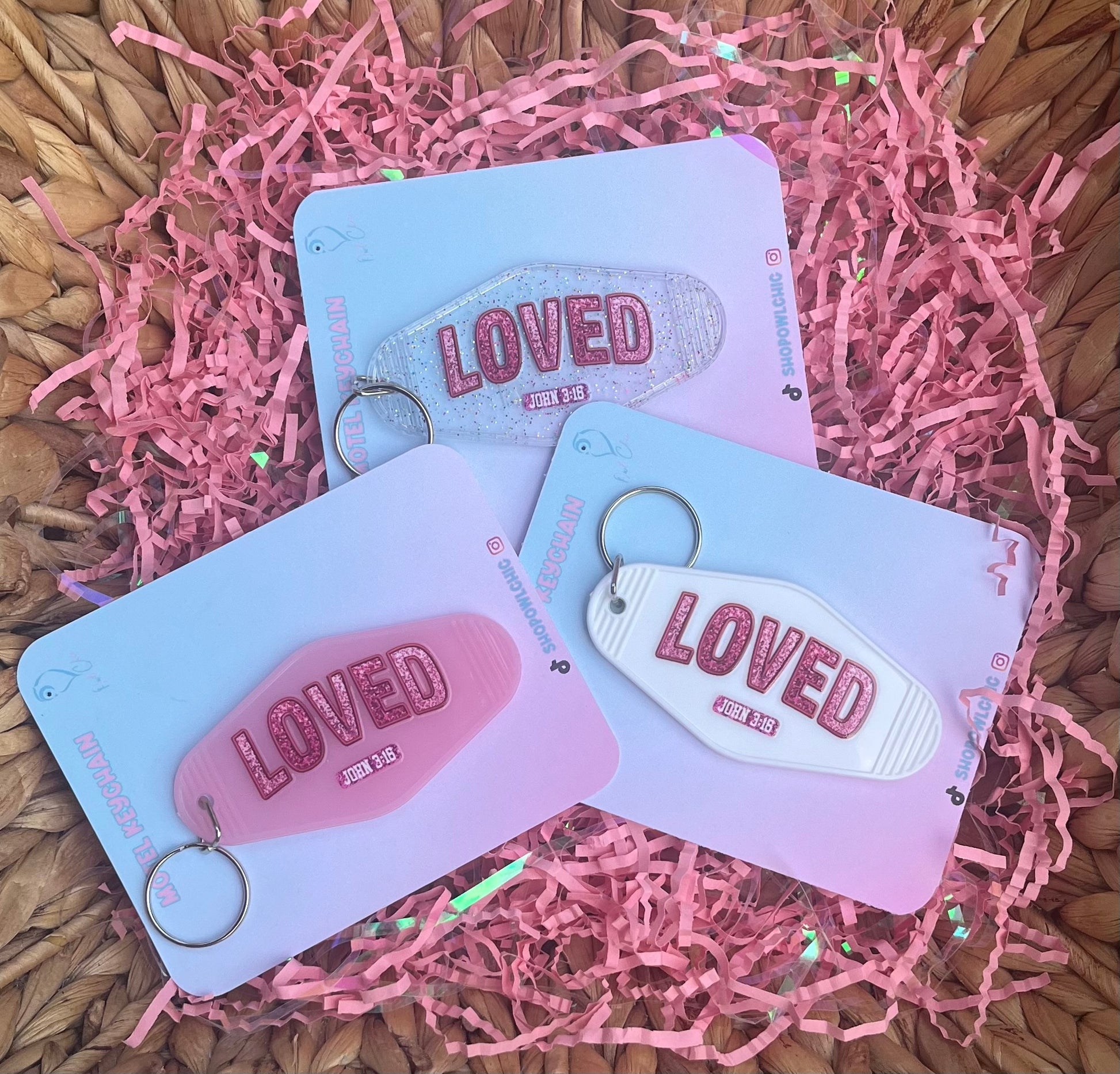 Loved- John 3:16 Faith-based keychains in pink, white, and glitter 