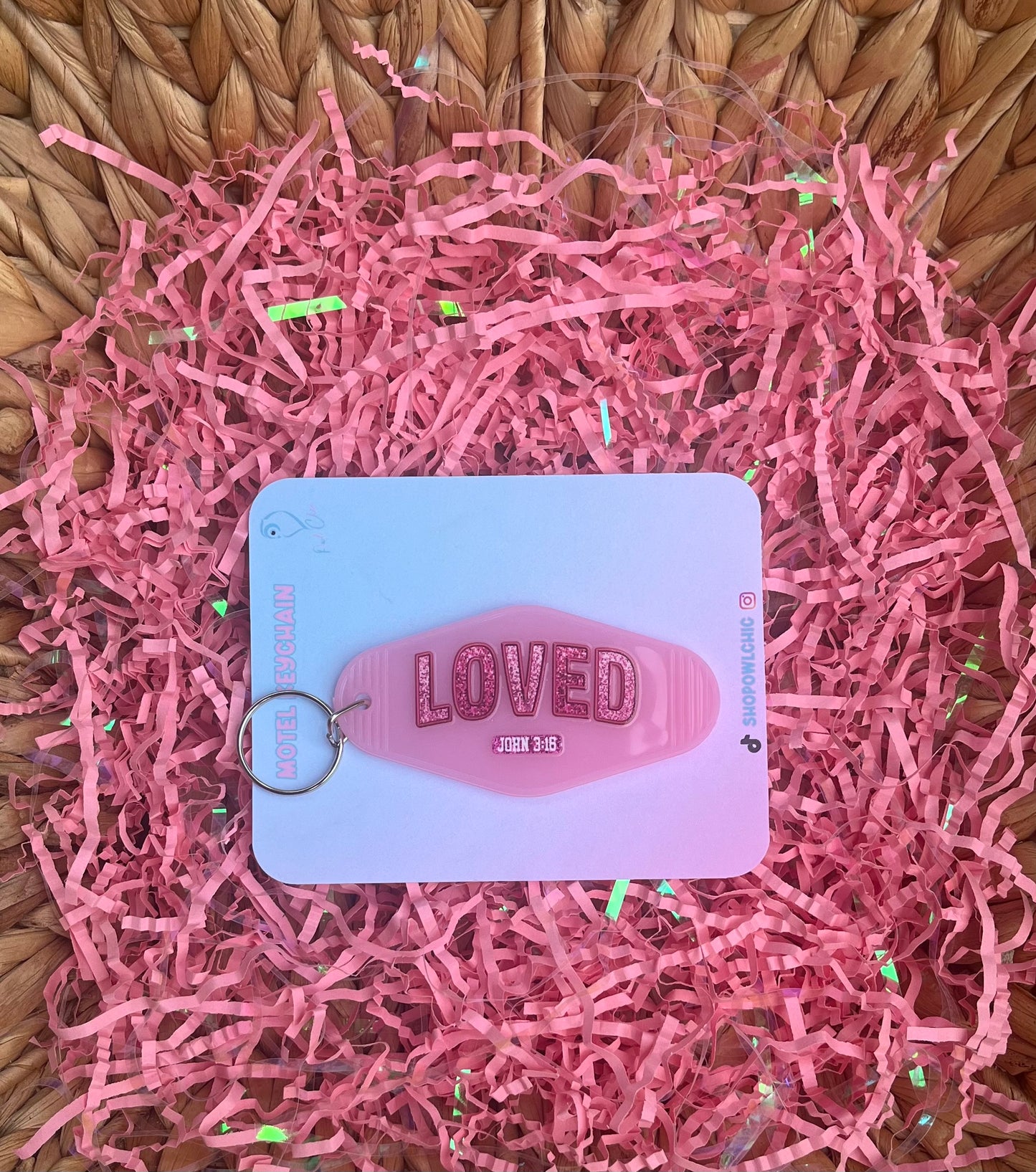 LOVED John 3:16 motel keychain in pink 