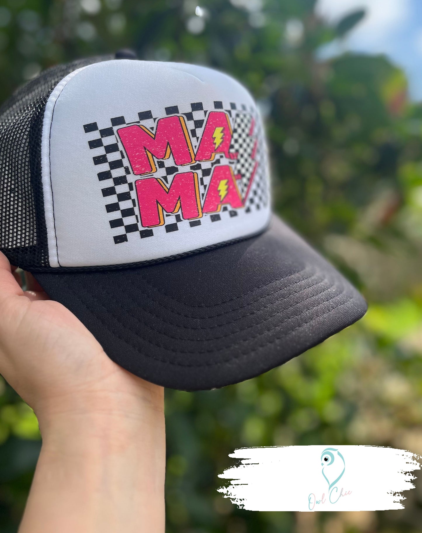 Black and White Otto 5 Panel Trucker Hat | Mama Design with Checkered Lightning Bolt