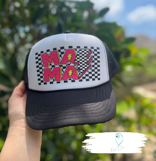 Black and White Otto 5 Panel Trucker Hat | Mama Design with Checkered Lightning Bolt