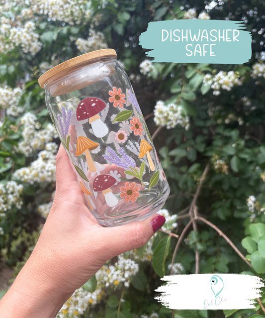 Mushroom Garden (dishwasher safe) Glass Cup | Bamboo Lid & Glass Straw