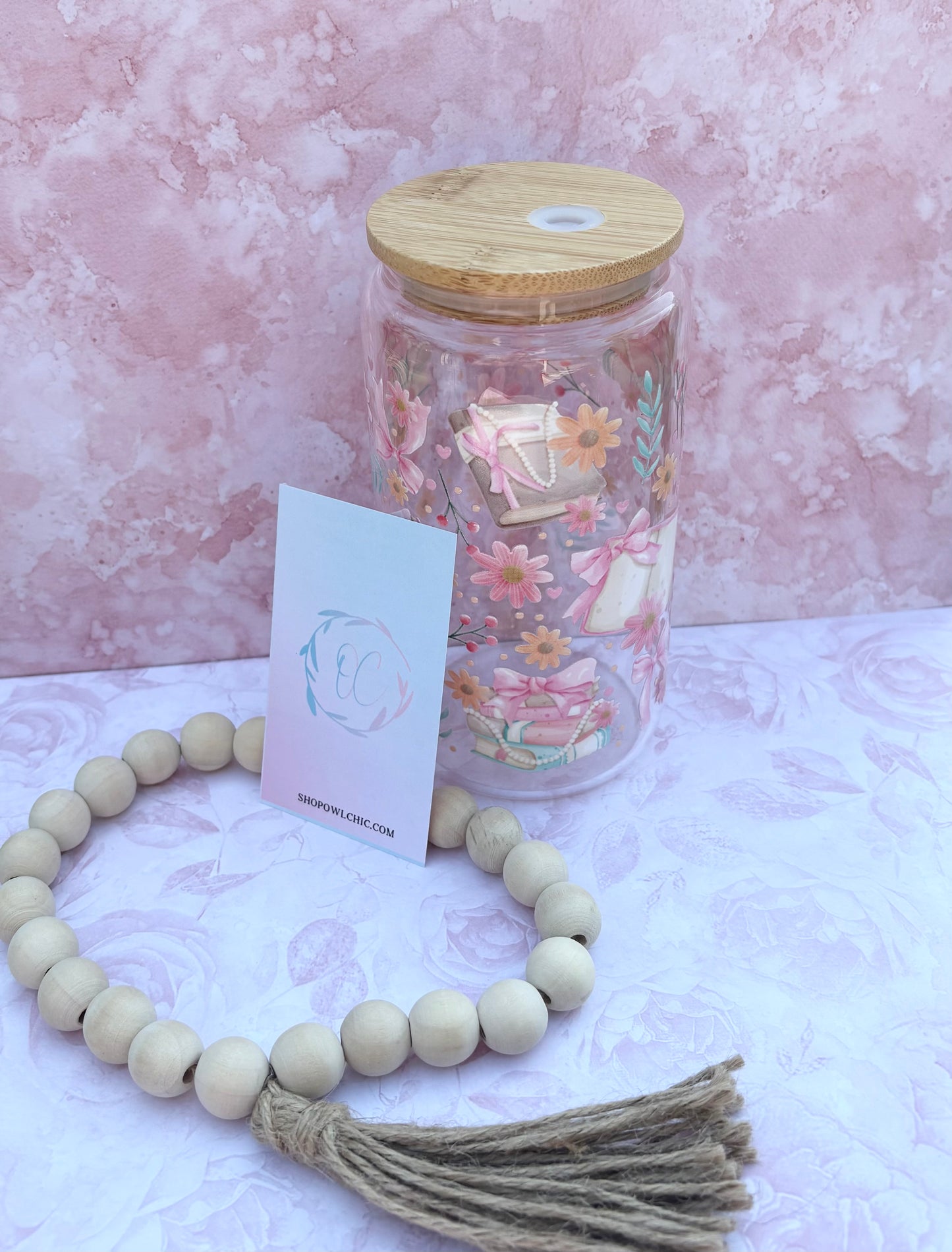 Pink Books, Pearls & Bows 16 oz Glass Cup | Bamboo Lid & Glass Straw