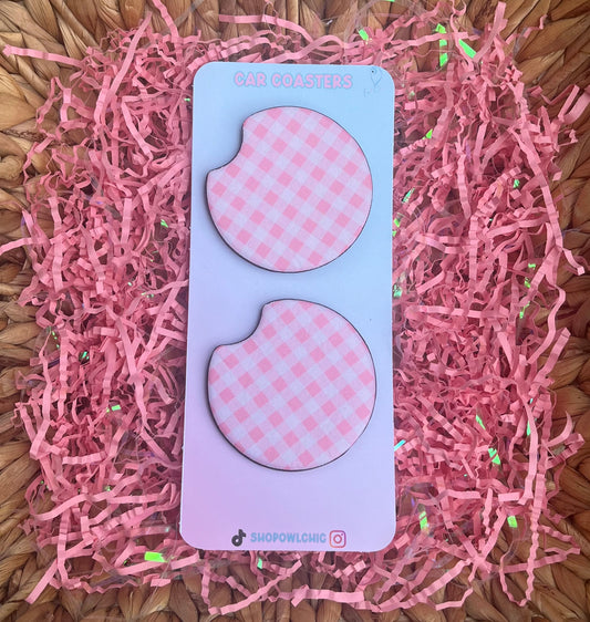 Pink checkered print car coasters made from neoprene