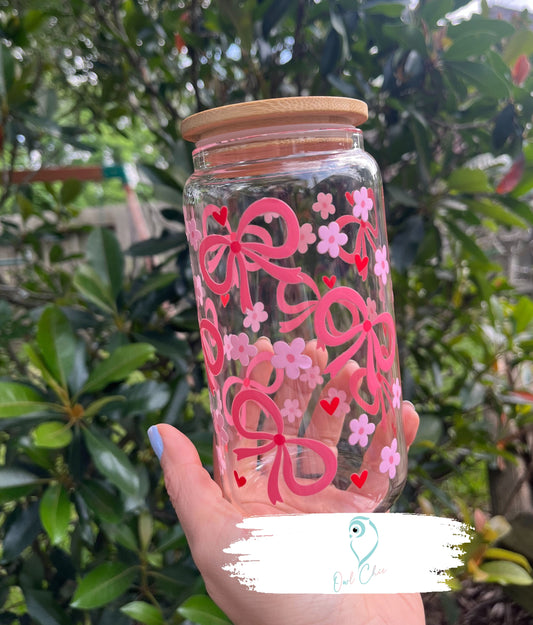 Coquette Bows, Flowers & Hearts 16 oz. Glass Cup | Pink or Blue | Bamboo Lid & Glass Straw
