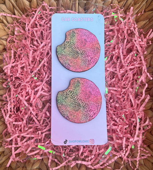 Pink and green snake print car coasters made from neoprene 