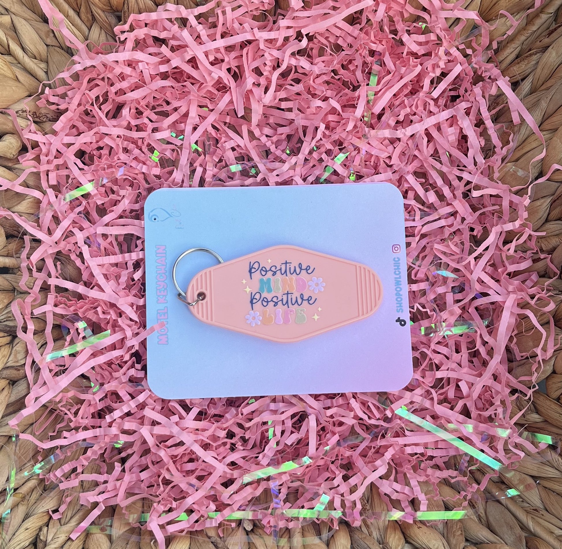 Positive Mind Positive Vibes keychain in peach