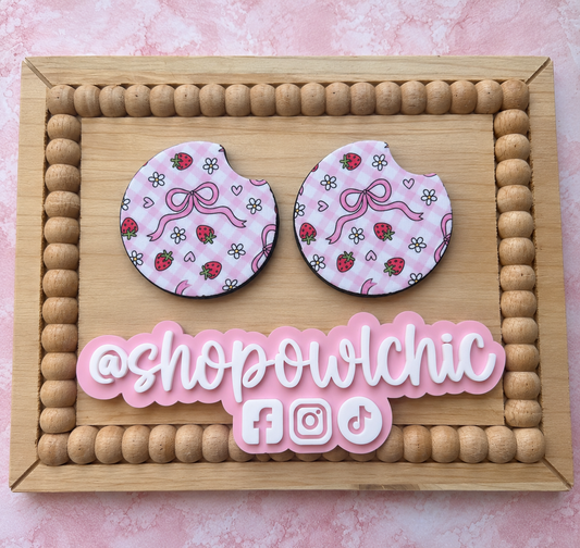 Checkered Flowers, Bows, & Strawberries Car Coasters, Set of 2