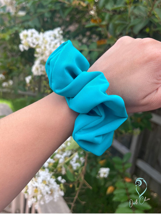 Handmade Teal durable scrunchie for swimming, the beach, or pool.