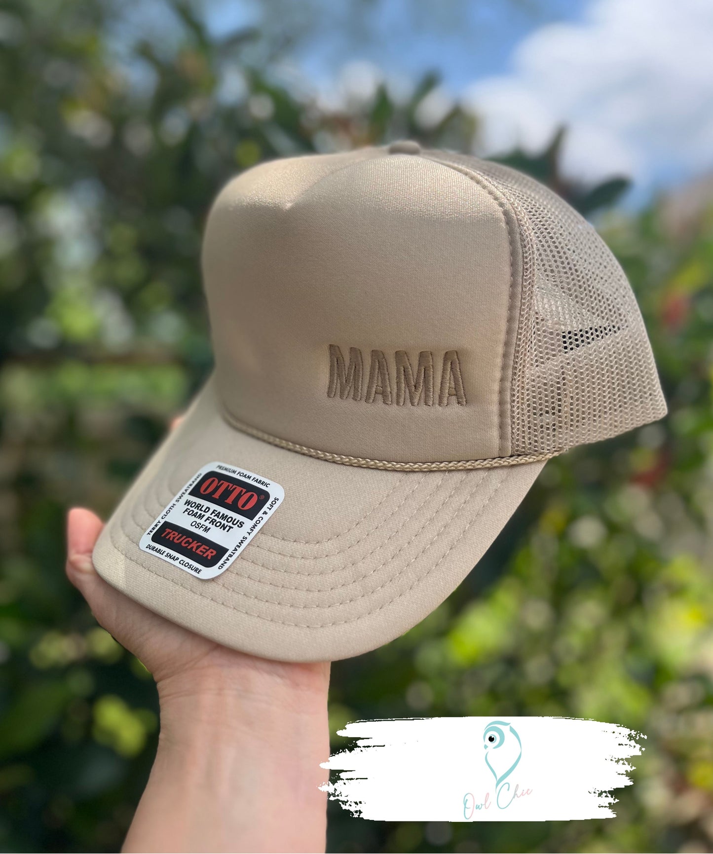 Embroidered Mama Otto 5 Panel Trucker Hat | Neutral Mesh Back Mom Cap