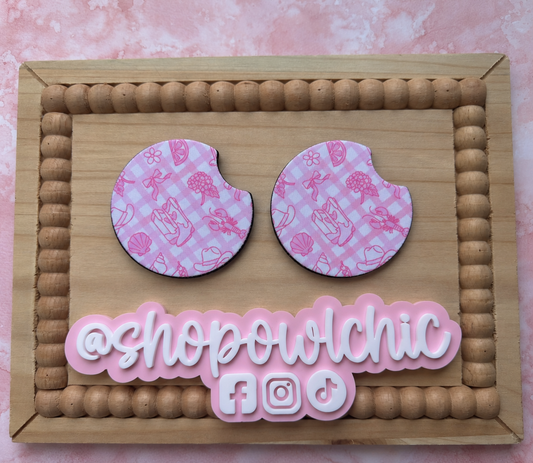 Pink Western Boots, Bows & Coastal Vibes Car Coasters, Set of 2
