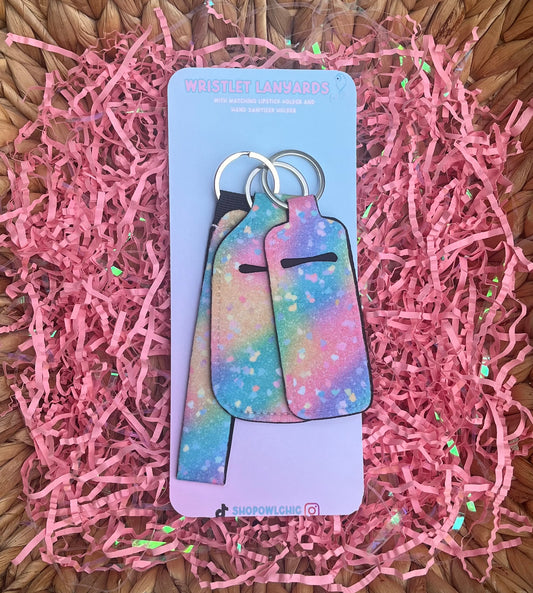 Pink Rainbow Confetti Ombré Wristlet Keychain Lanyard Set