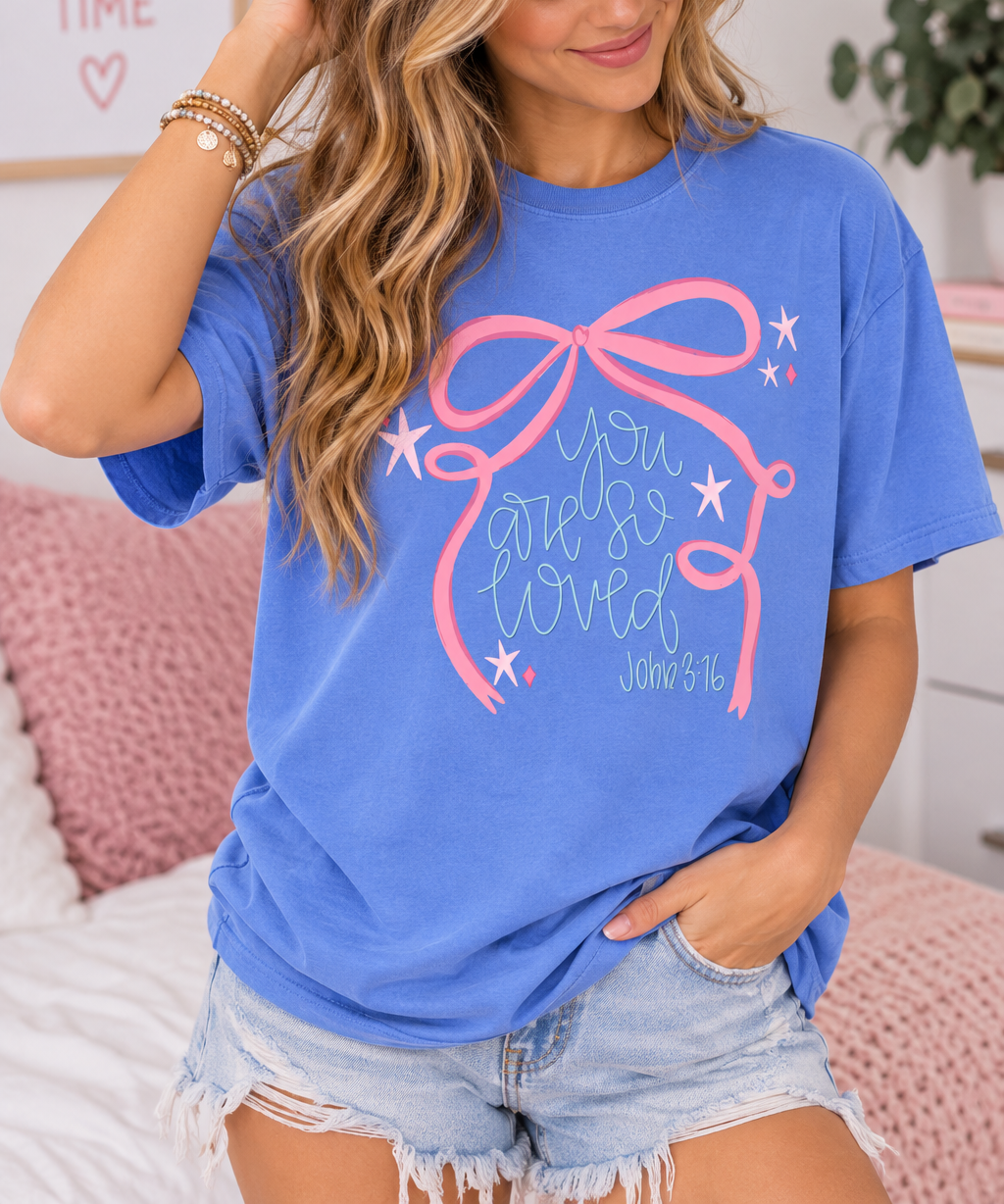 You Are So Loved John 3:16 Pink Bow Shirt | Christian Faith Tee
