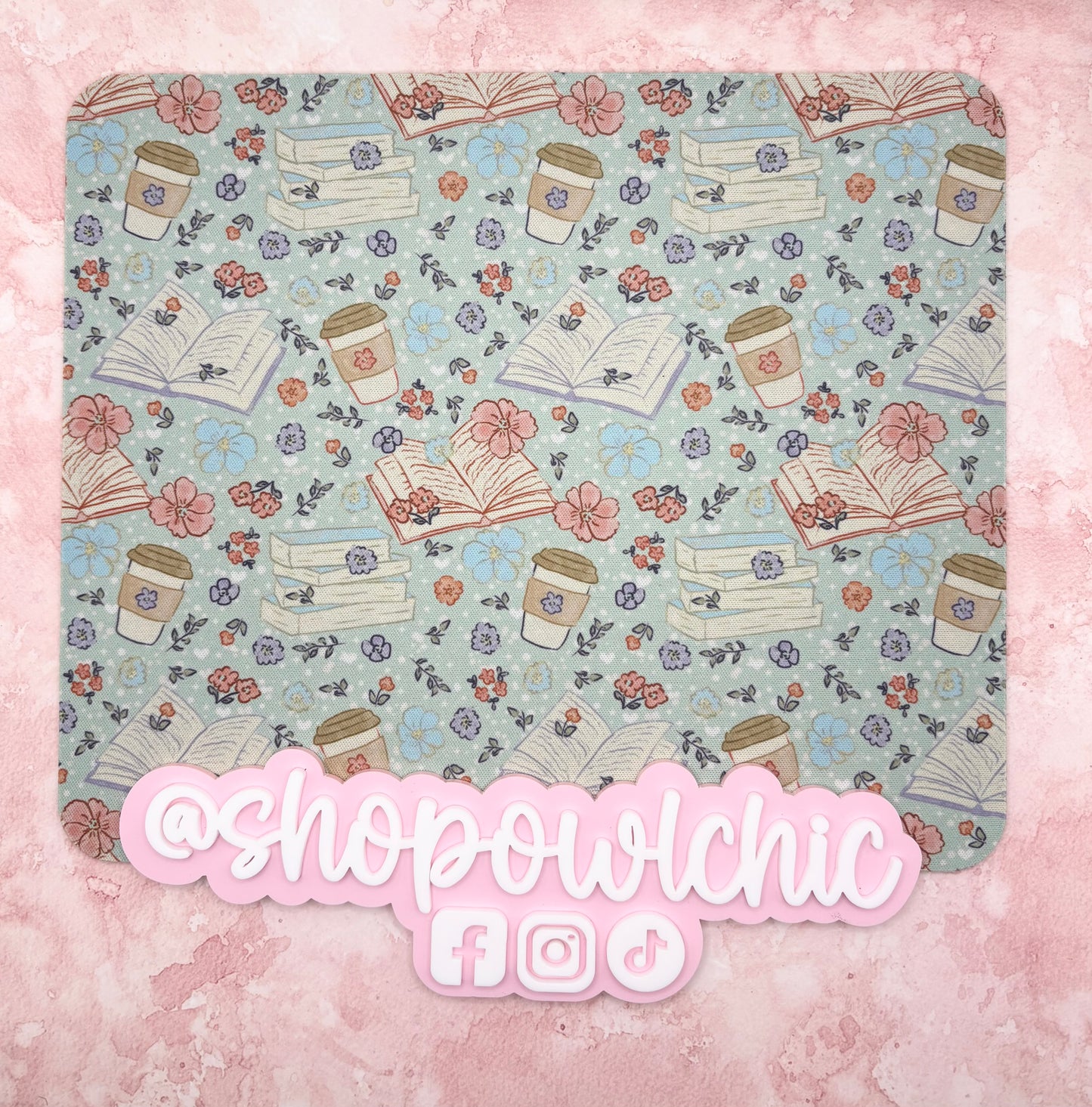 Book lover mouse pad featuring books, coffee cups, and blue and pink flowers