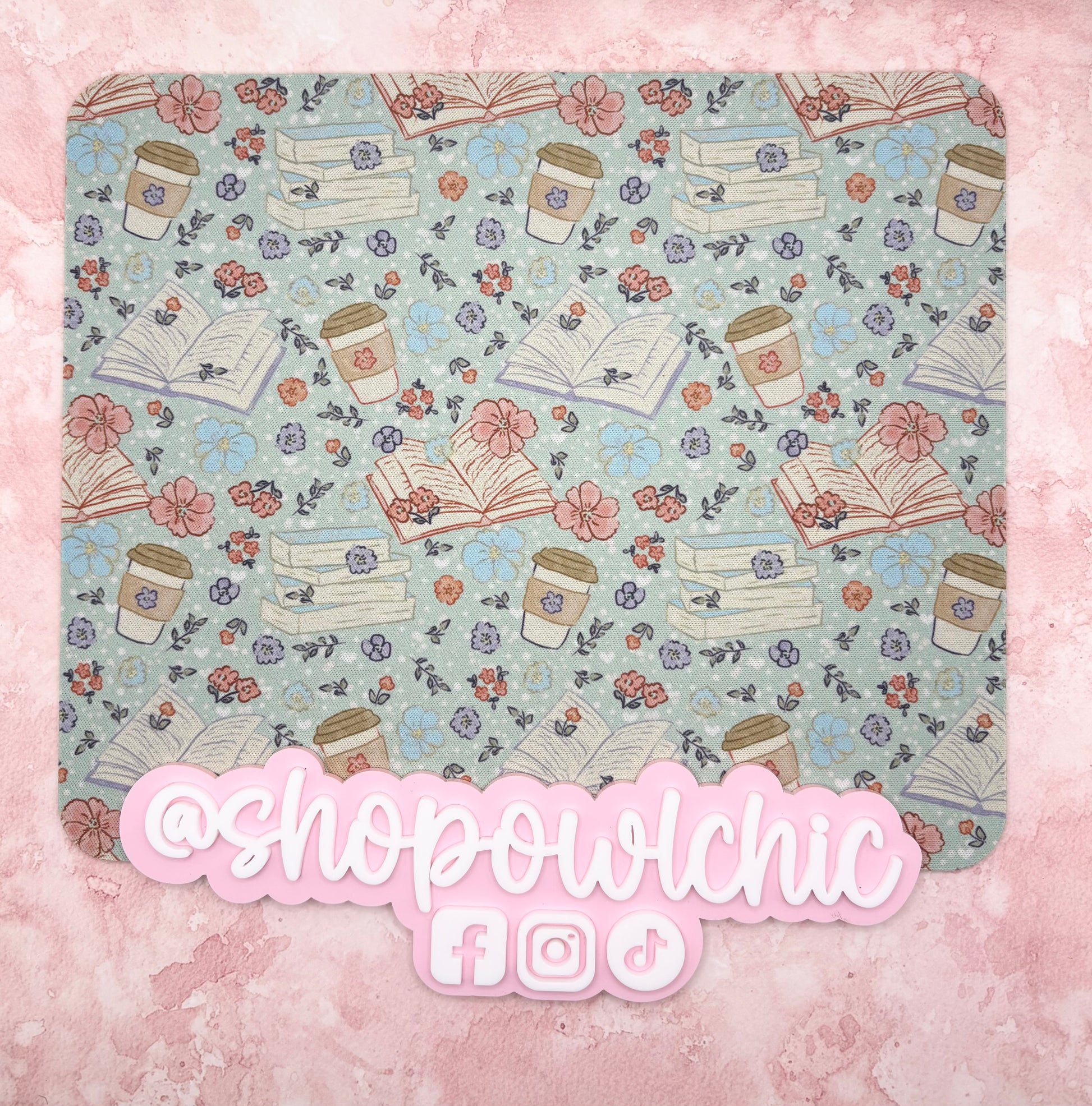 Book lover mouse pad featuring books, coffee cups, and blue and pink flowers