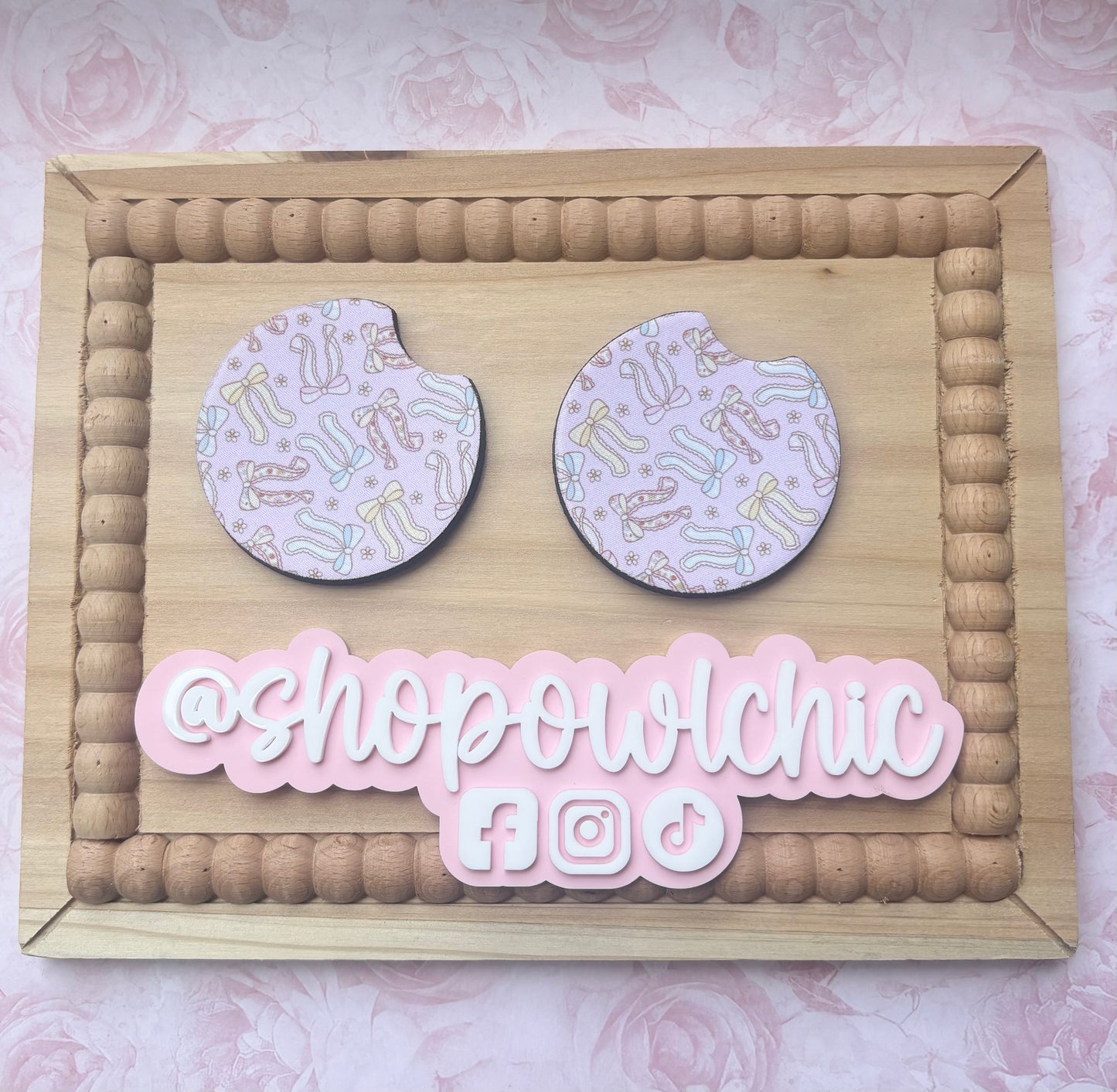 Floral and pink bows print car coasters set of 2 made from absorbent neoprene