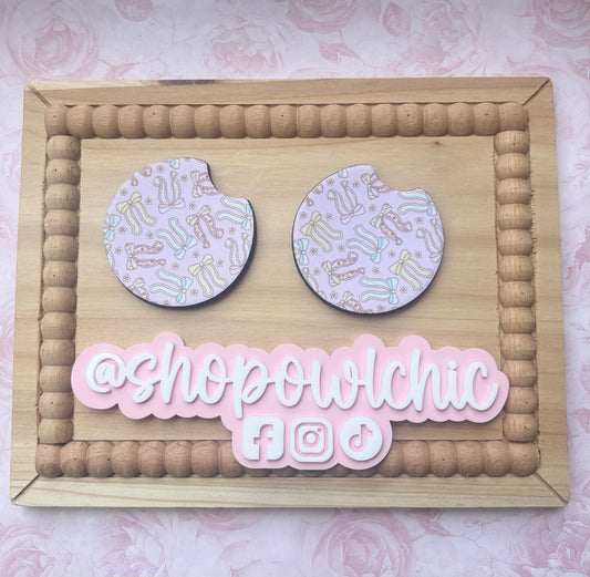 Floral and pink bows print car coasters set of 2 made from absorbent neoprene
