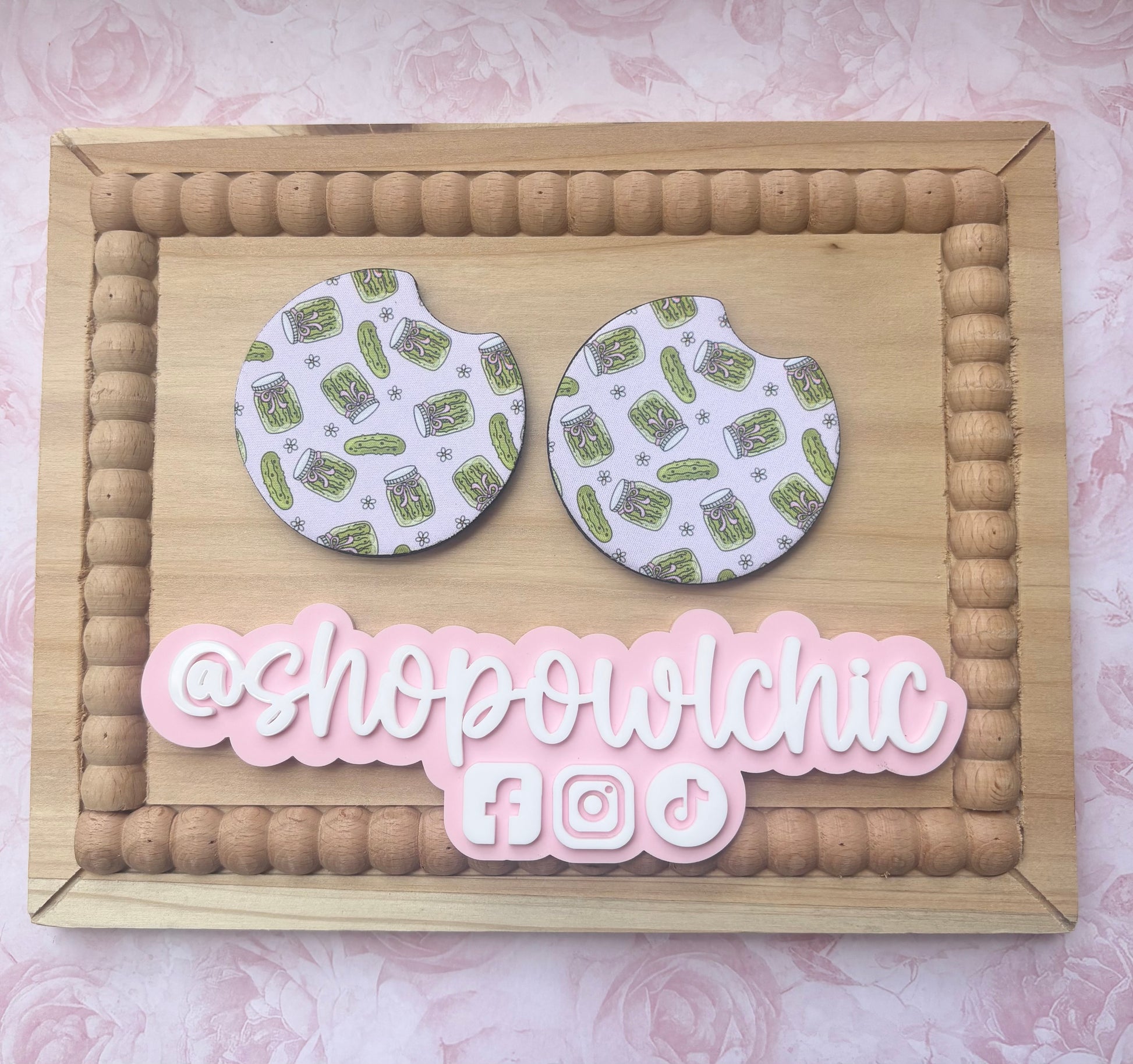 Pickle jar and pink bows car coasters set of 2 made from absorbent neoprene