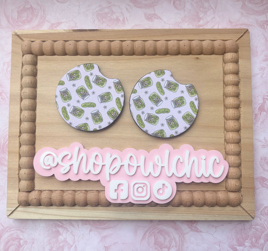 Pickle jar and pink bows car coasters set of 2 made from absorbent neoprene