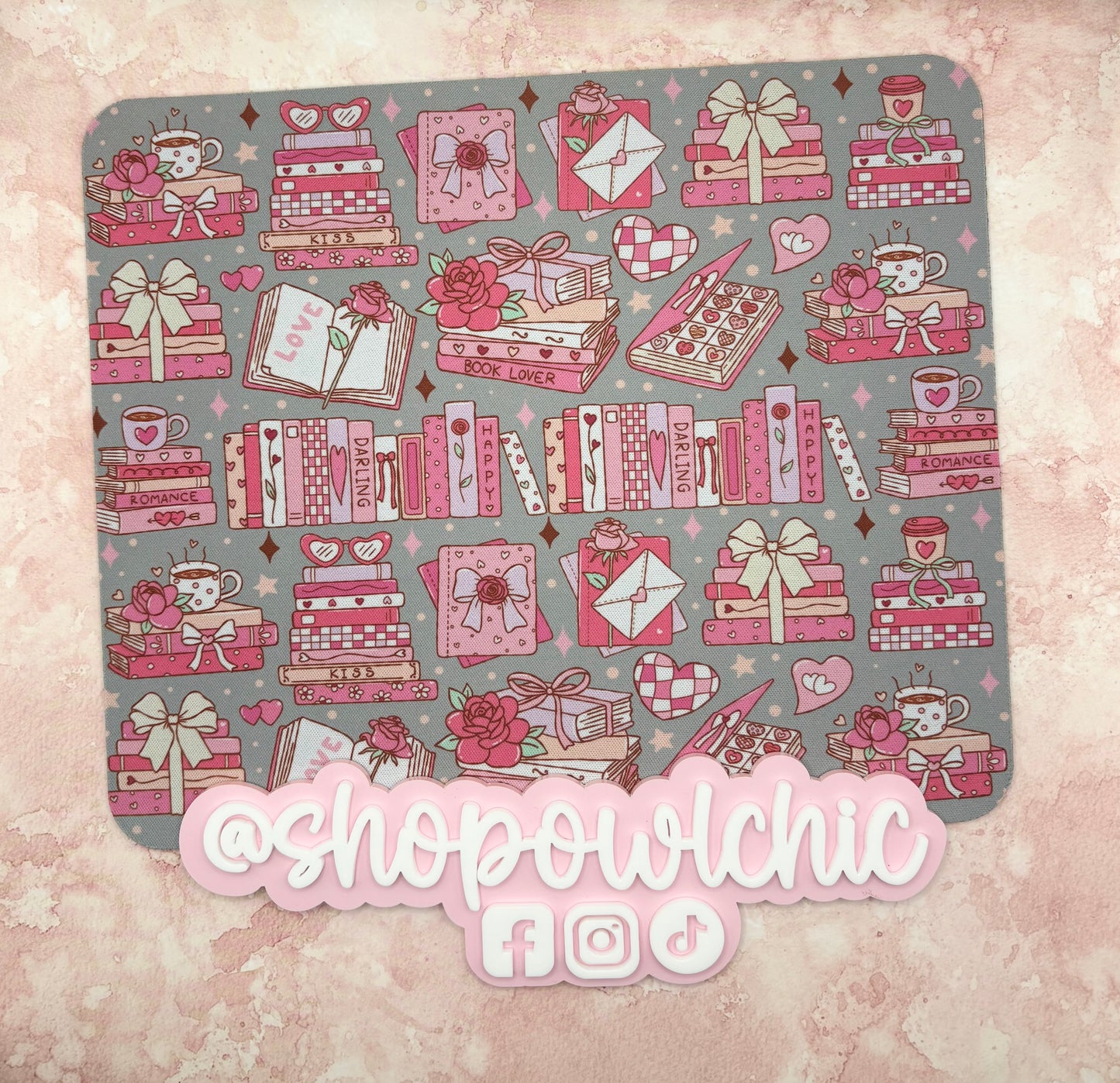 Romance book lover mouse pad with pink books, bows, hearts, and roses