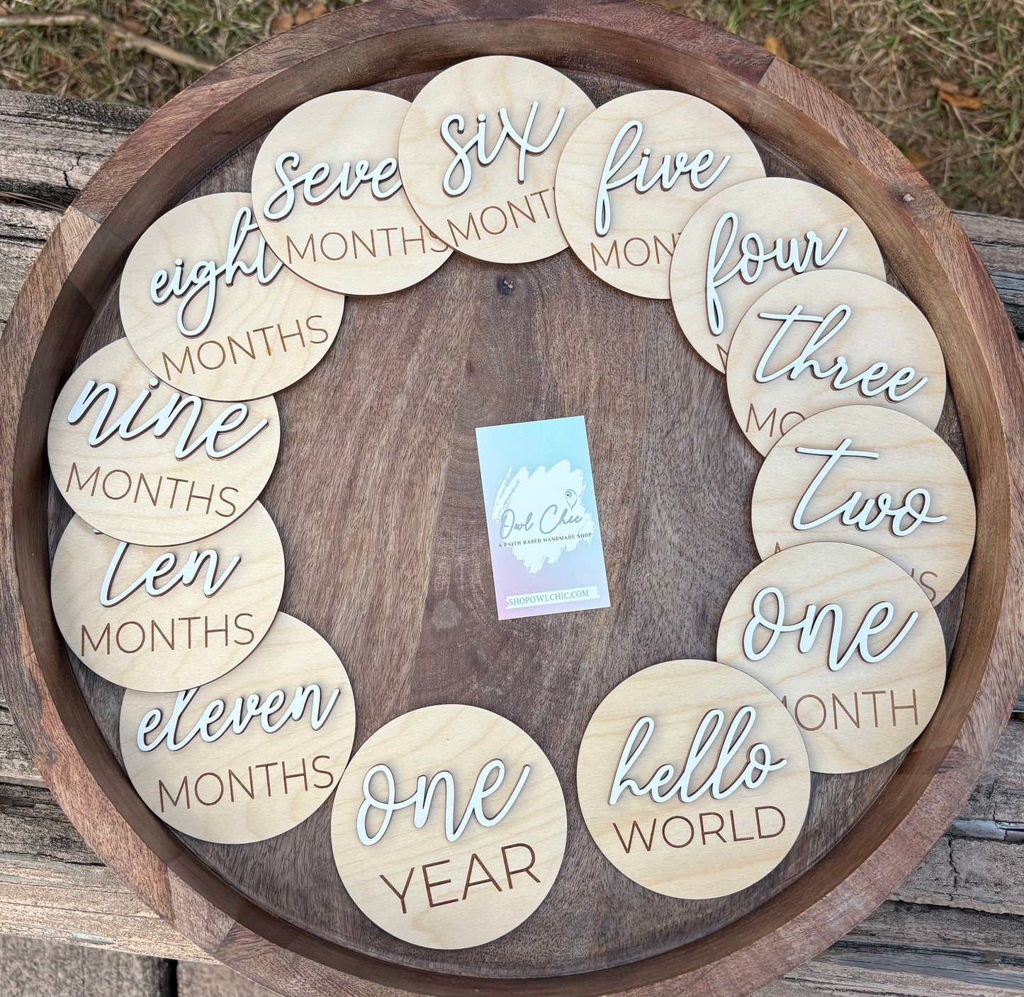 Baby milestone photo discs with white raised lettering for monthly milestones