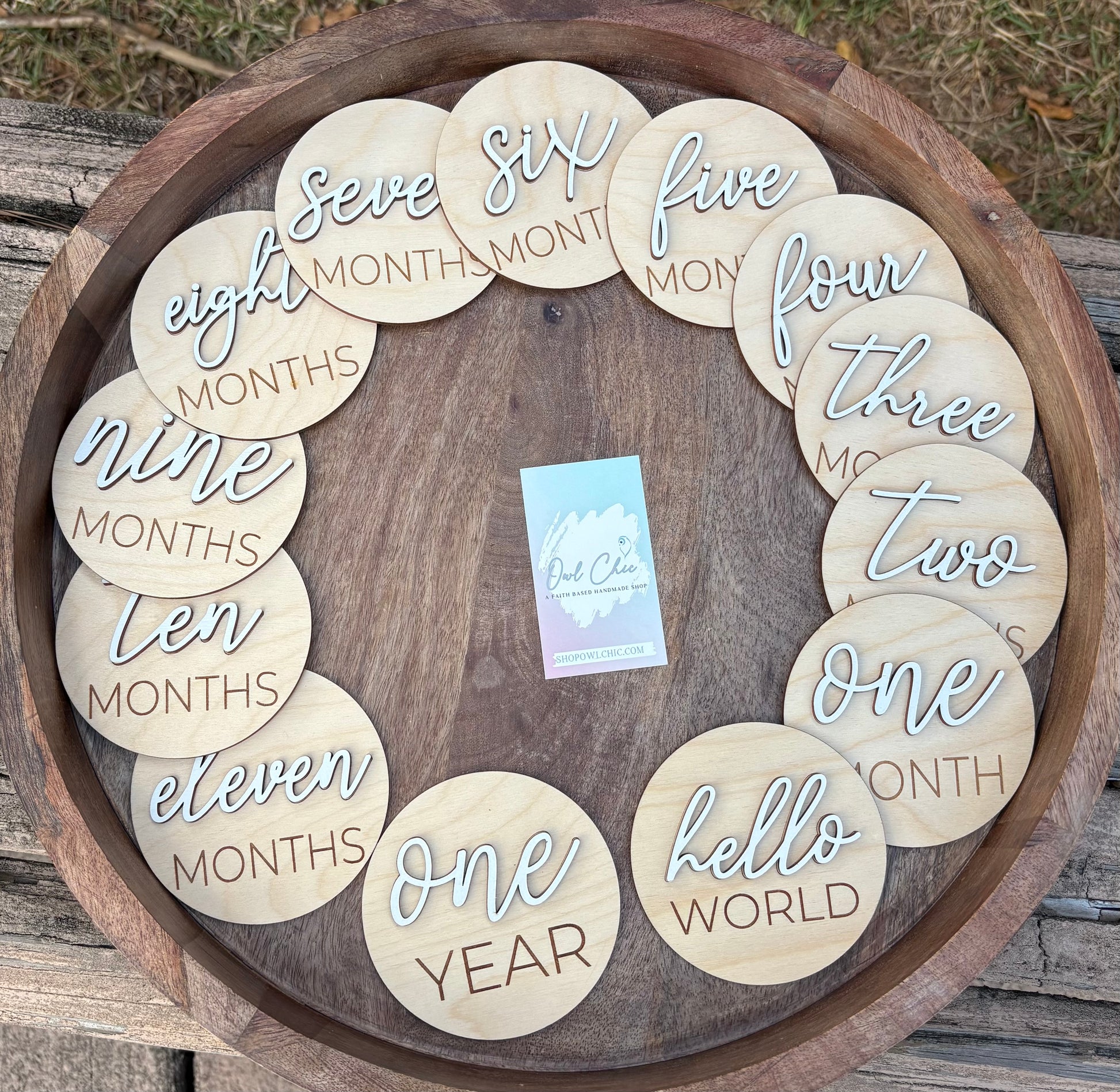 Baby milestone photo discs with white raised lettering for monthly milestones