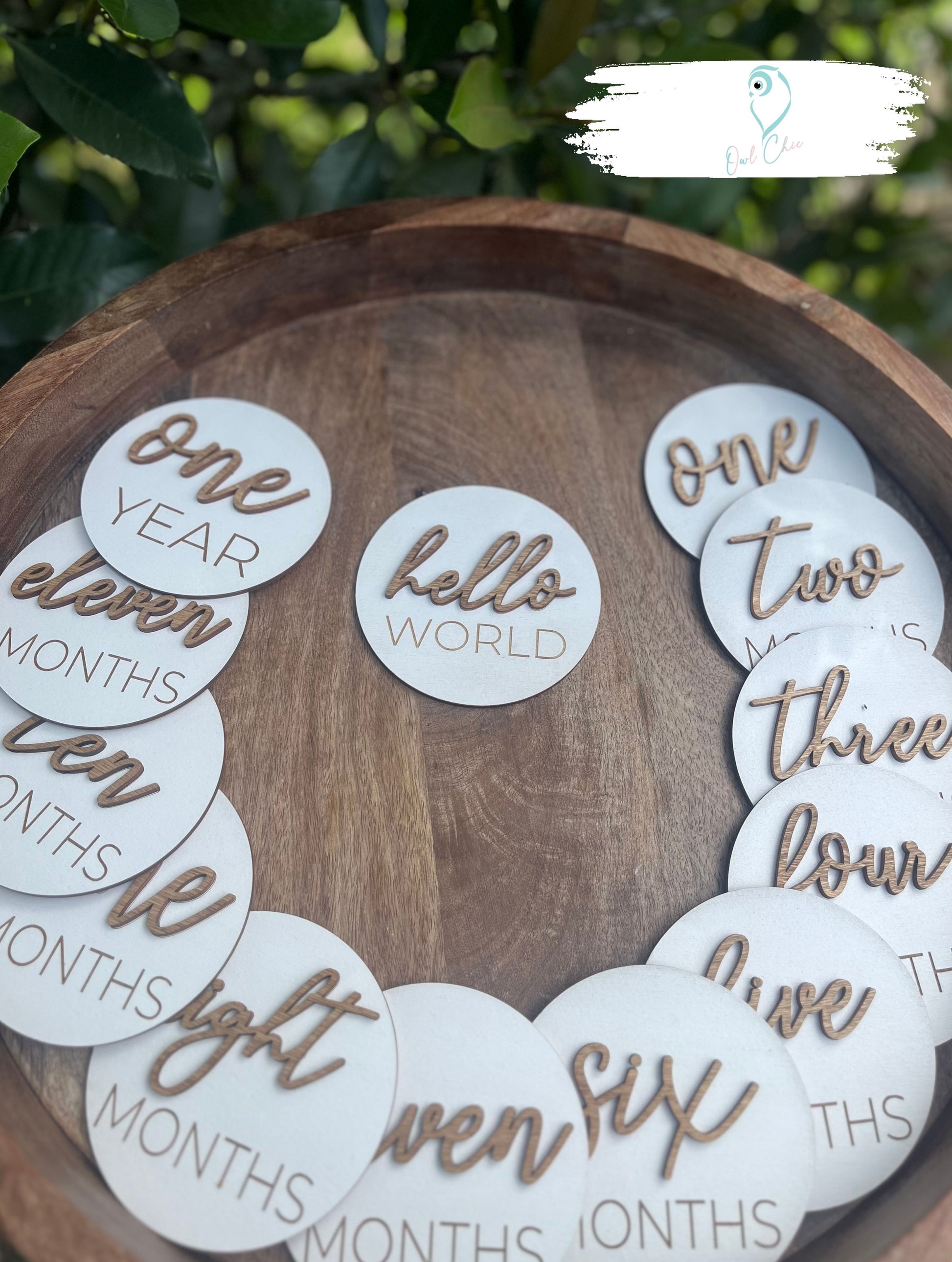 Handmade baby milestone markers with white painted background and 3D lettering